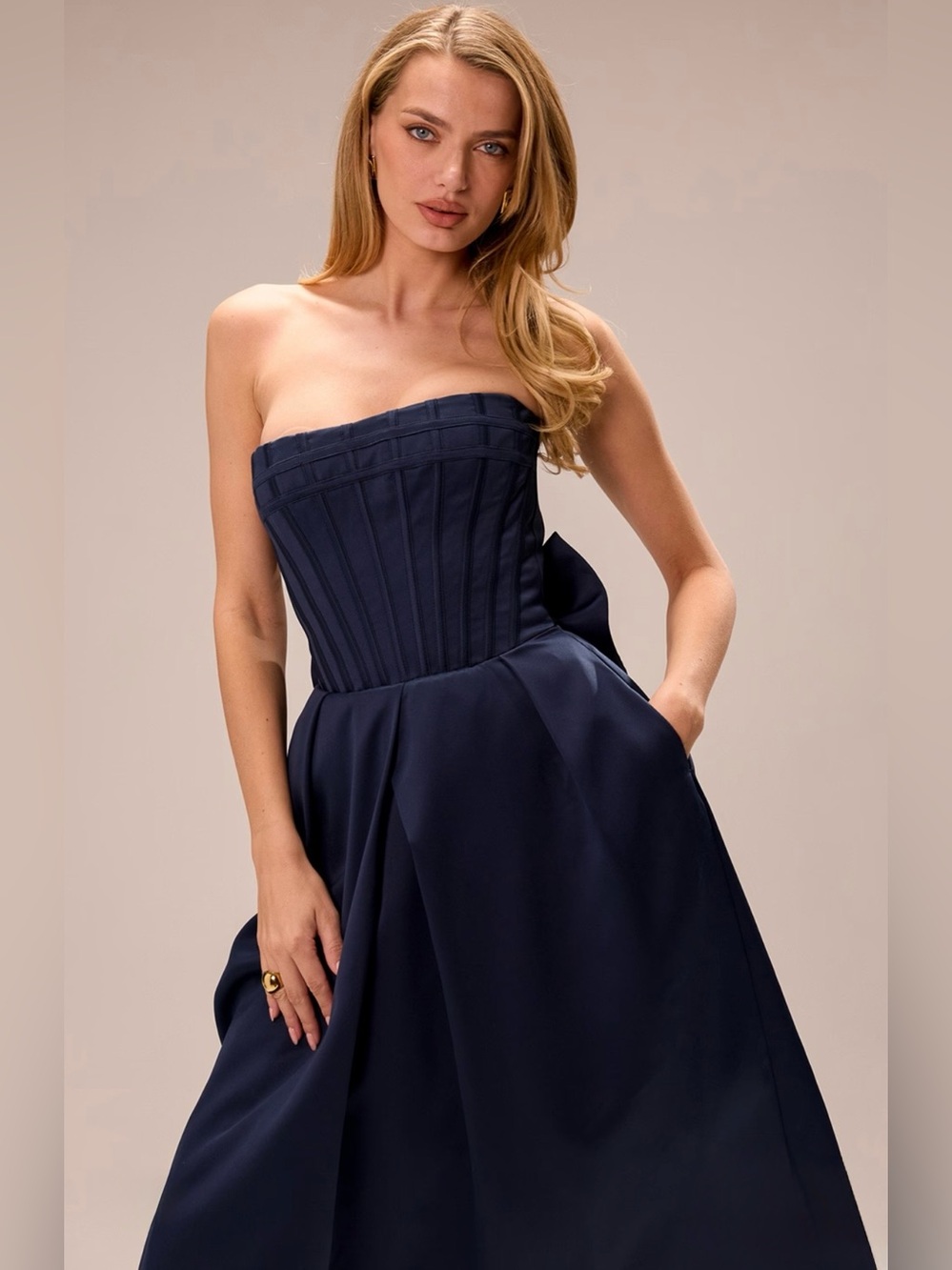 House of CB Bellina midnight blue strapless detachable bow midi dress